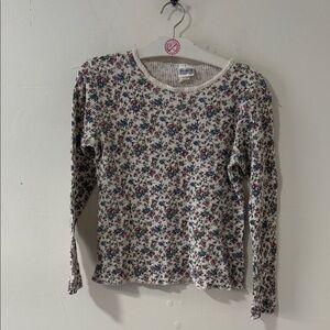 Floral Ribbed Long Sleeve Top - Cream with Pink & Blue Flowers 90’s